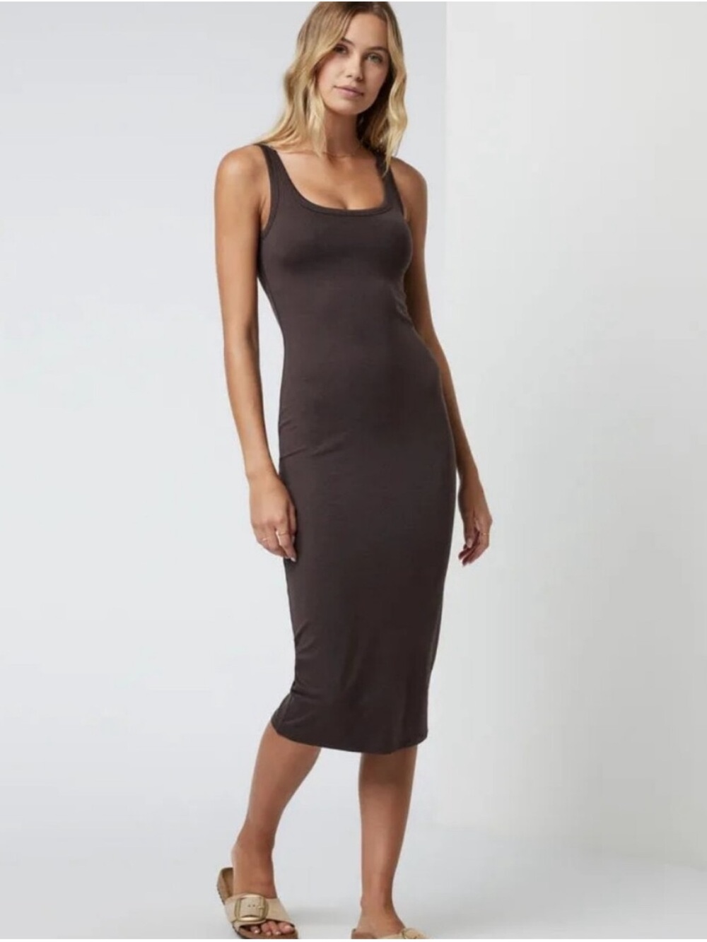 Vuori Halo Essential Midi Dress XS Brown Performance Ribbed Tank Dress